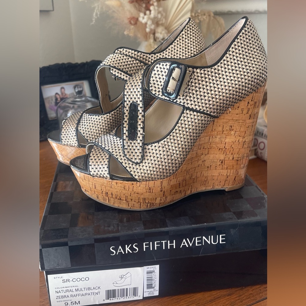 Coco woven heels wedges with patent heel and buckle